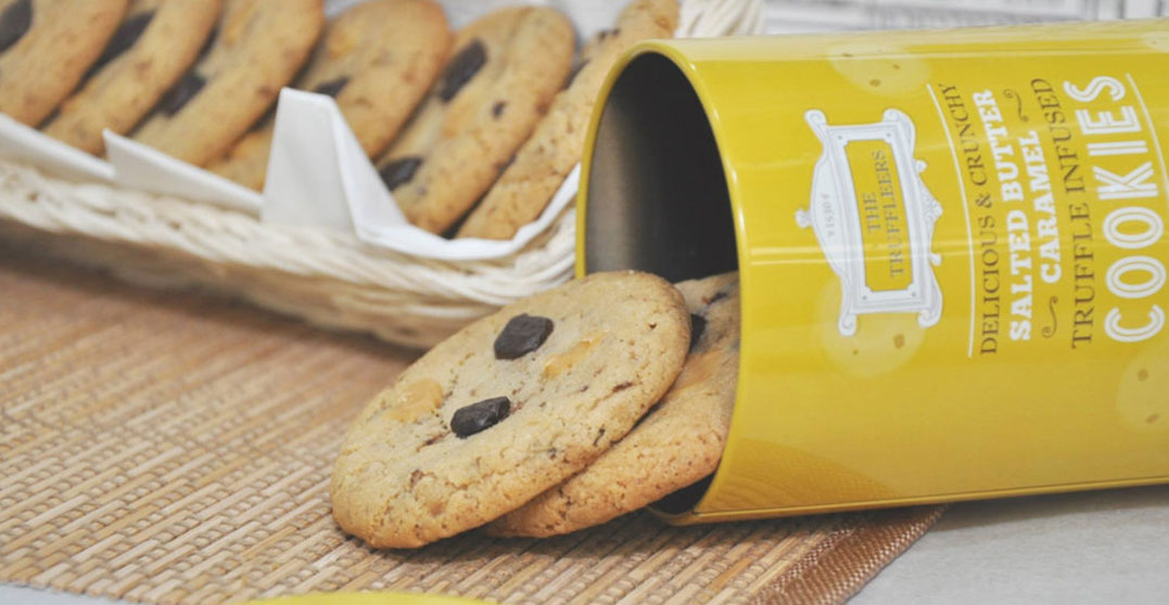 Trufflerers cookies and spilling out of the tin | brand packaging design